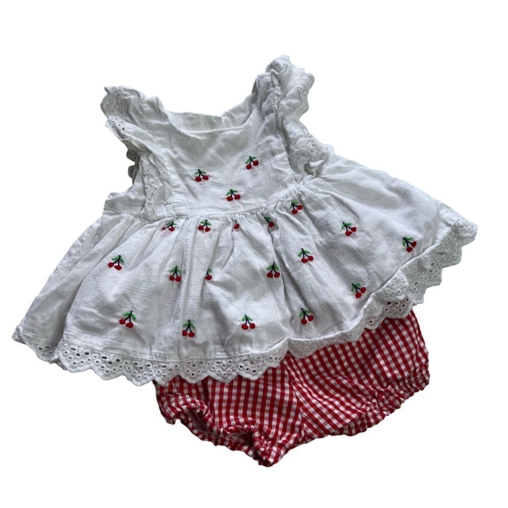 Vintage 1990s Eyelet Embroidered Cherry Gigham Shorts and Top Set